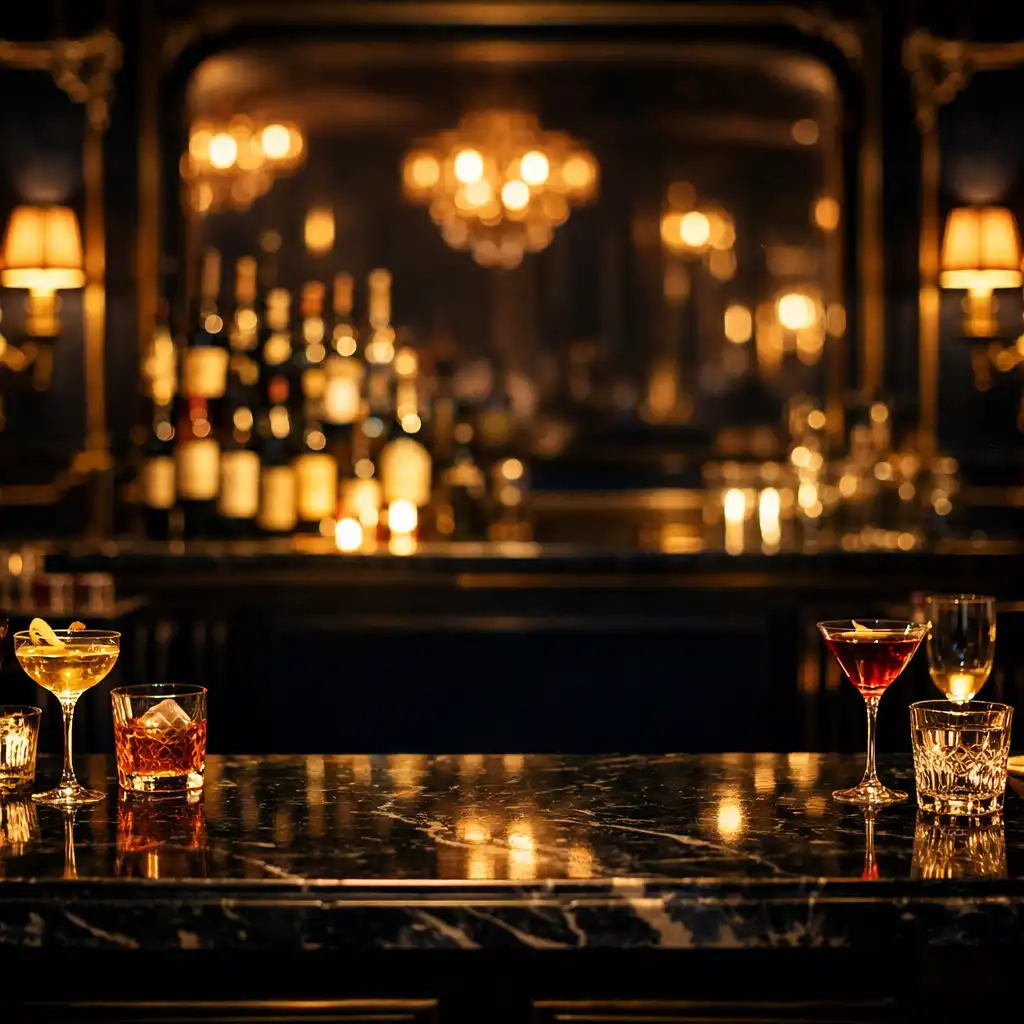 Bar élégant avec cave à vin et cocktails dans une ambiance feutrée