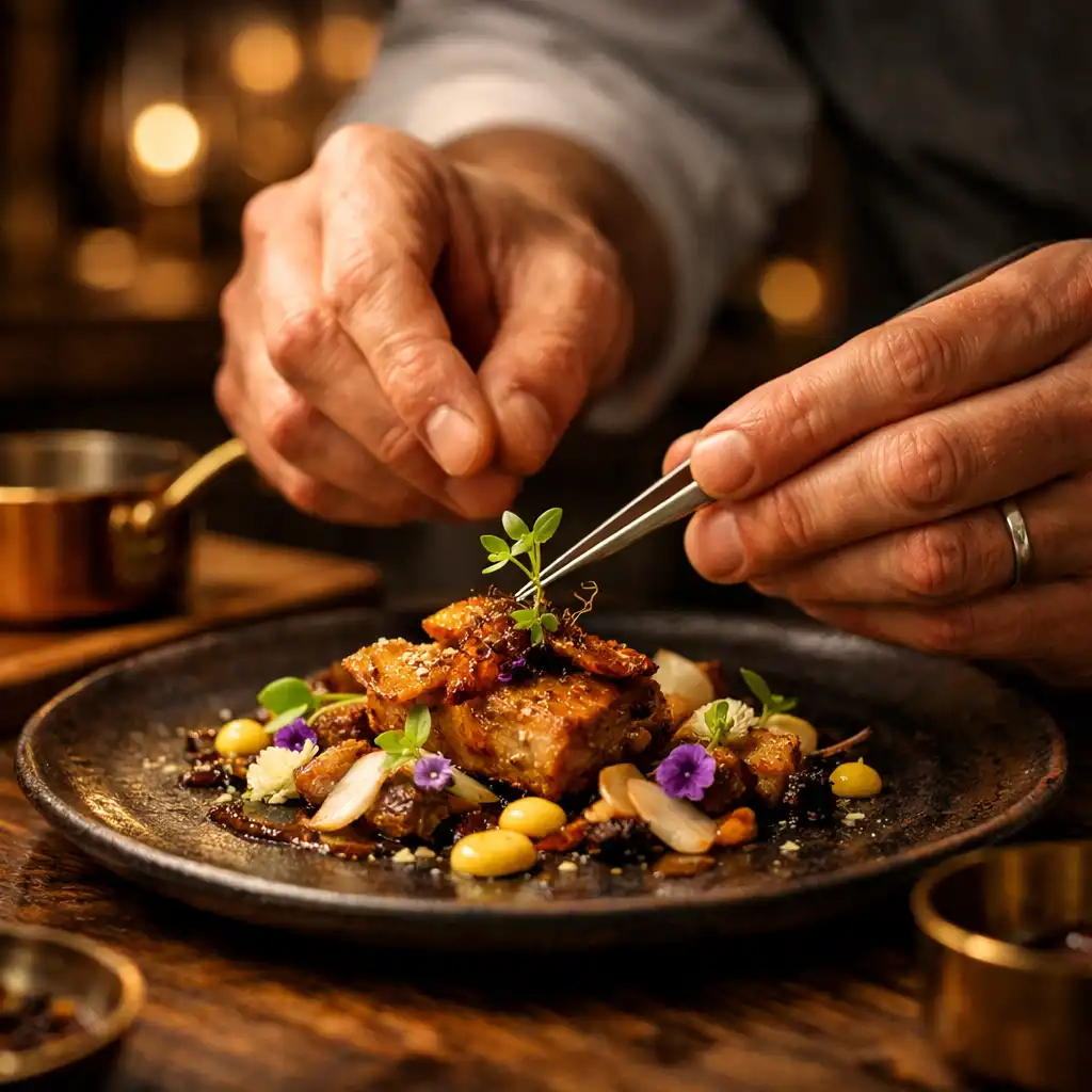 Chef dressant un plat gastronomique